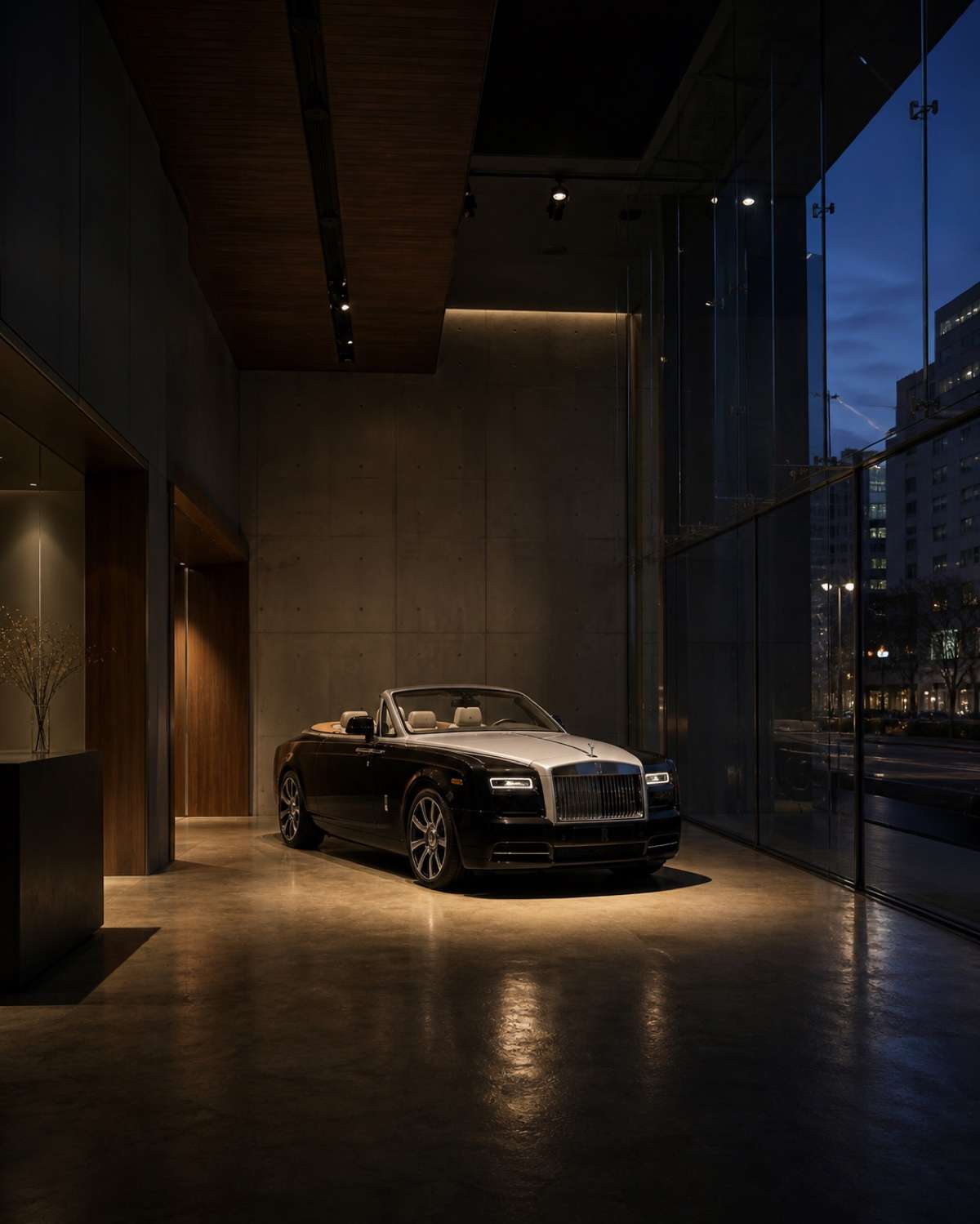 A car under a single spotlight